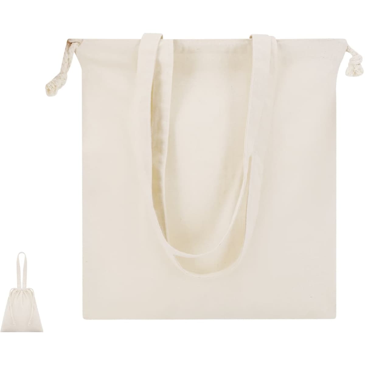 A cream tote bag with long handles, featuring a small matching drawstring pouch. Includes a logo.