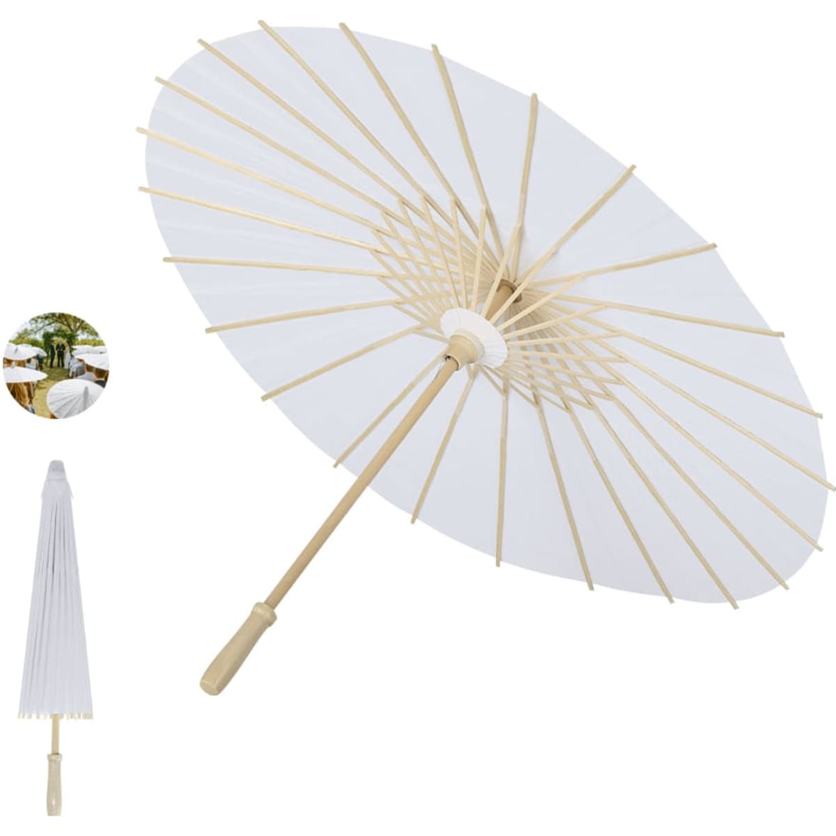 A white umbrella with a wooden handle and frame, featuring a classic design and a logo on the handle.