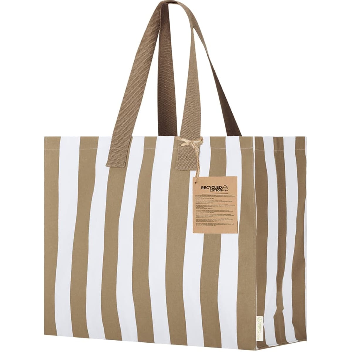 A tote bag featuring white and tan stripes, with two handles and a tag. It has a logo on the side.