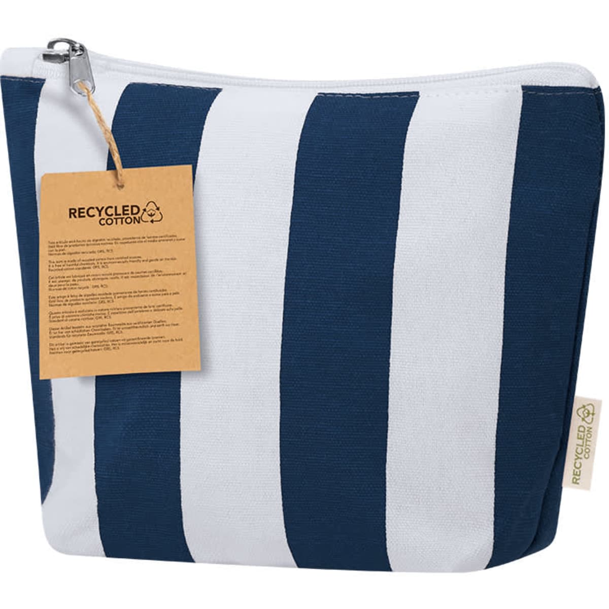 A striped toiletry bag in navy blue and white, featuring a zipper and a tag detailing its recycled cotton material.