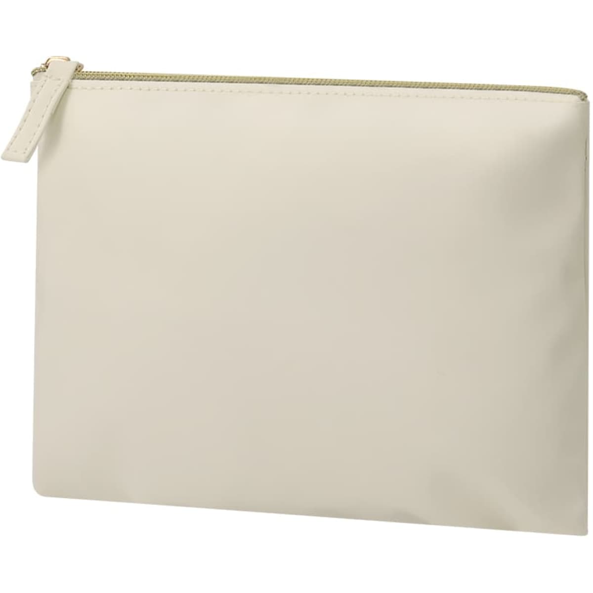 A toiletry bag in a soft cream colour with a zip closure and a simple design, featuring a logo.