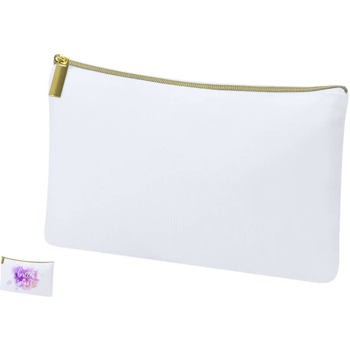 A white toiletry bag with a gold zipper, featuring a logo on the small bag in the corner.