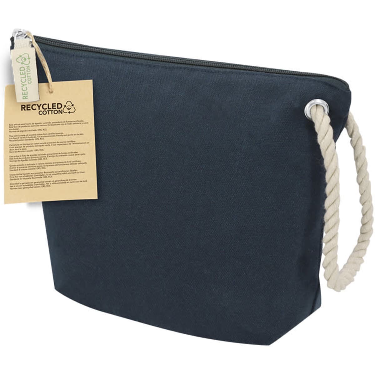 A dark blue toiletry bag made from recycled cotton, featuring a rope handle and a tag attached to the zipper.