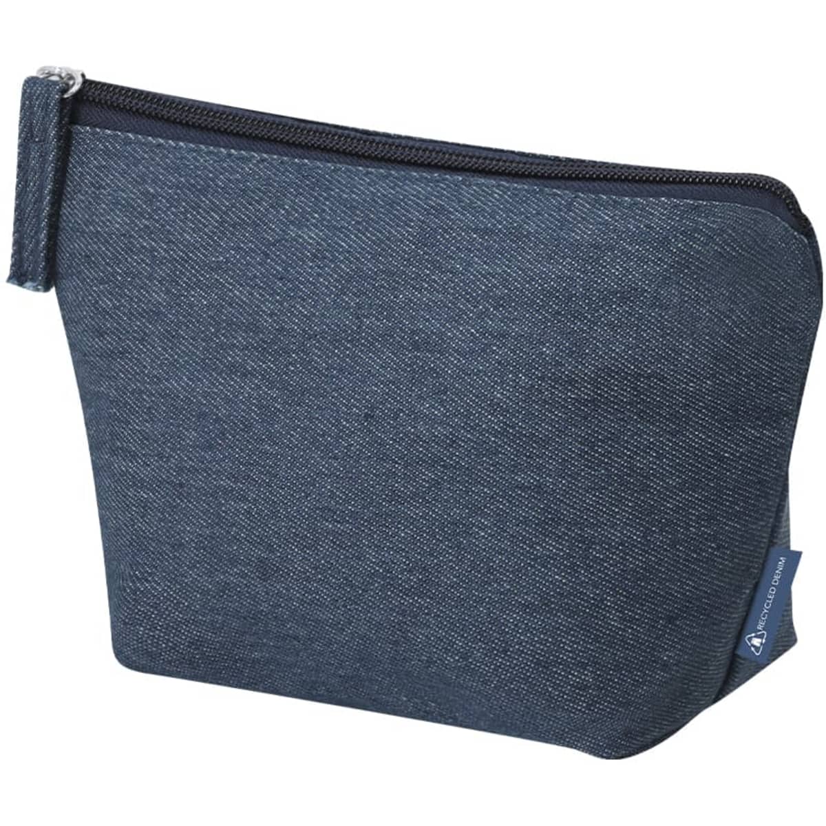A toiletry bag in blue denim with a zip closure and a small logo on the side.