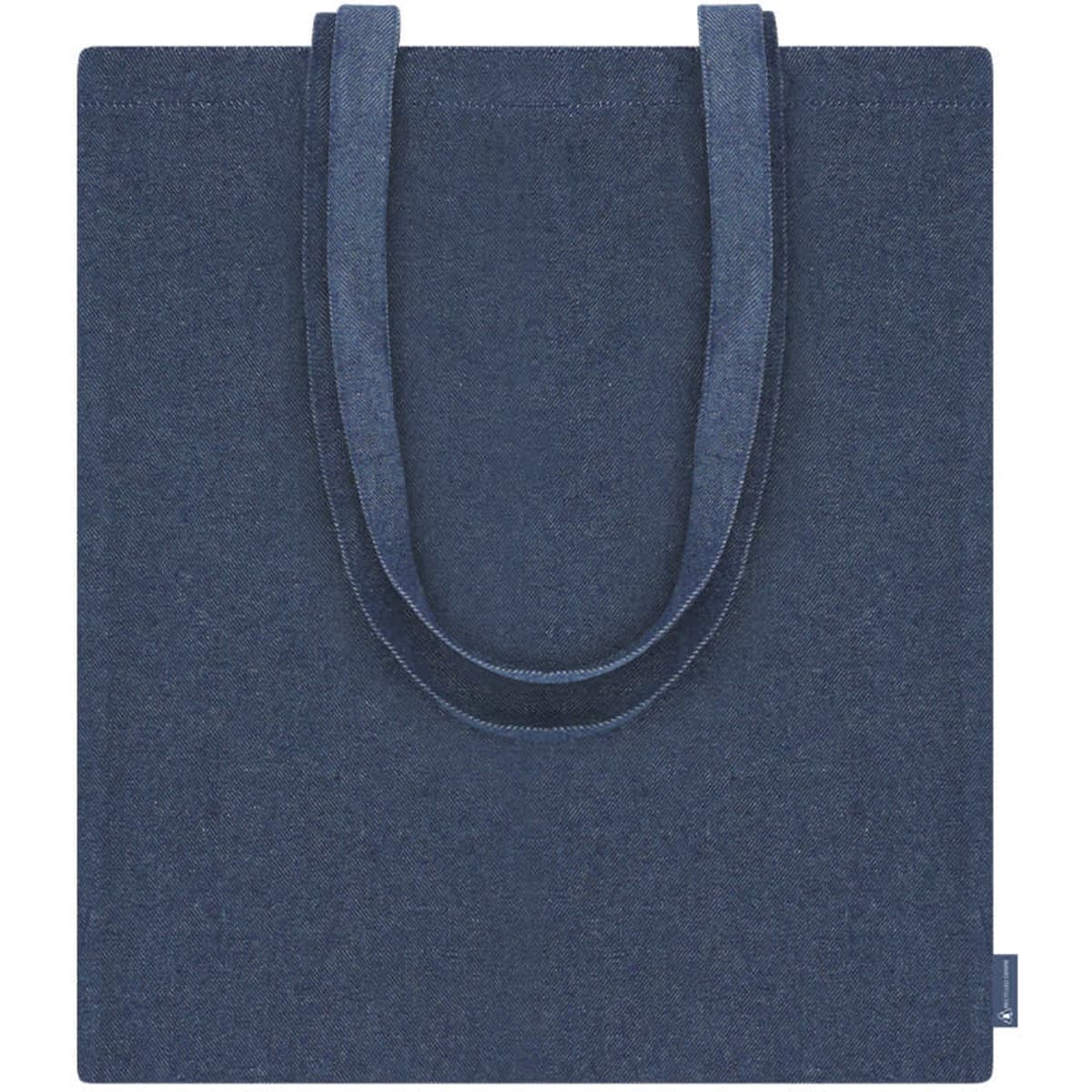 A dark blue tote bag with two sturdy handles and a simple, minimalistic design. Features a logo.