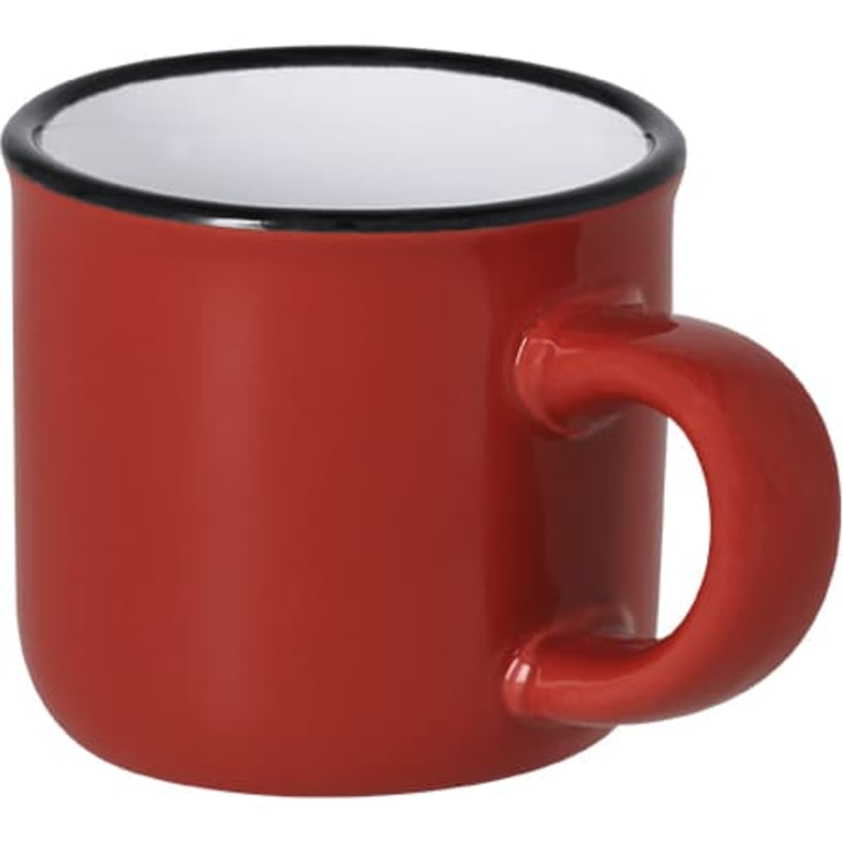 A red coffee mug with a glossy finish and a black rim, featuring a curved handle and no visible branding.