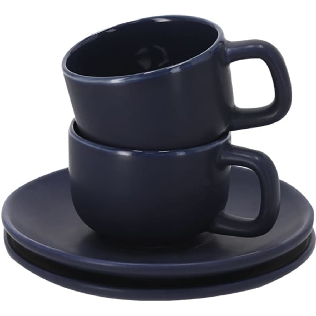 A set of navy blue coffee mugs stacked on a matching saucer. The mugs feature sturdy handles and a smooth finish.