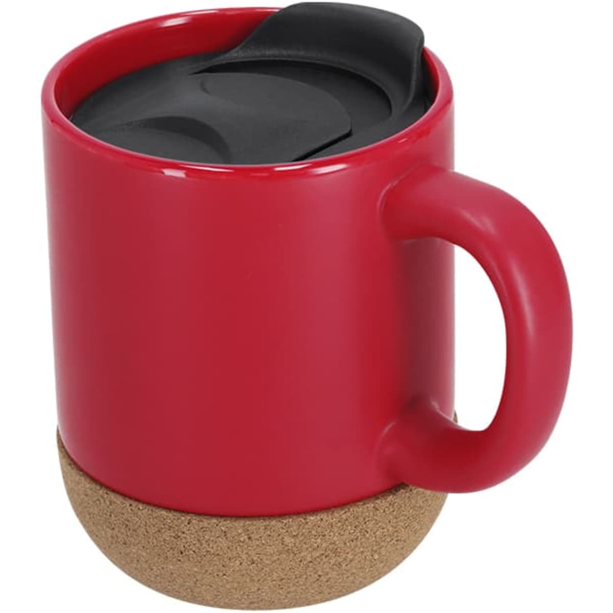 A red travel mug featuring a cork base and a black lid. It has a curved handle and a smooth finish.