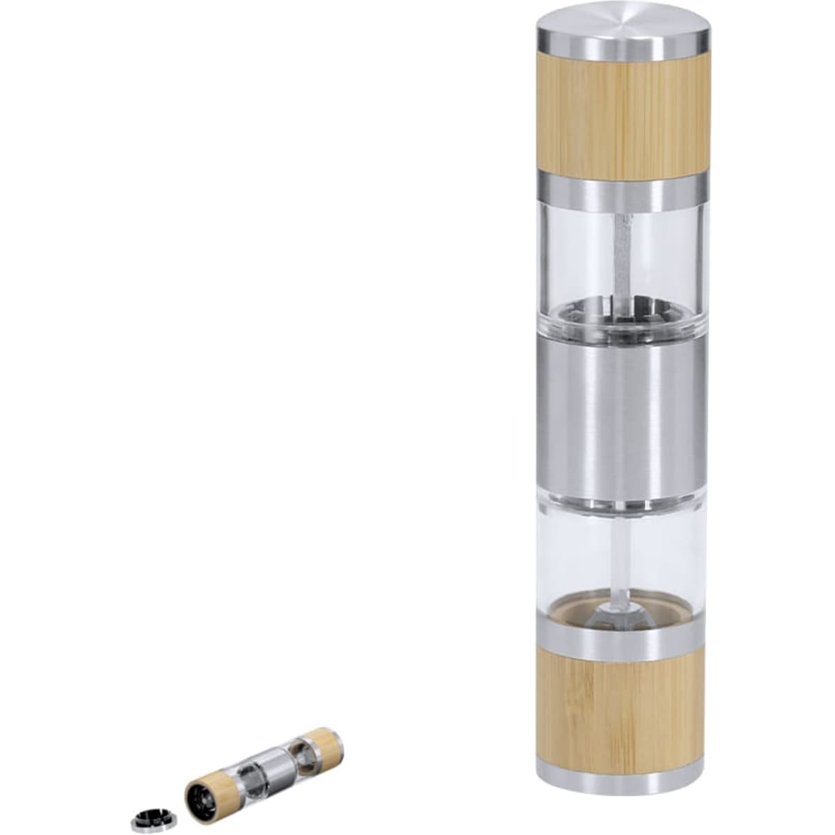 A pepper mill in clear acrylic and stainless steel, featuring bamboo accents and a separate grinding mechanism.