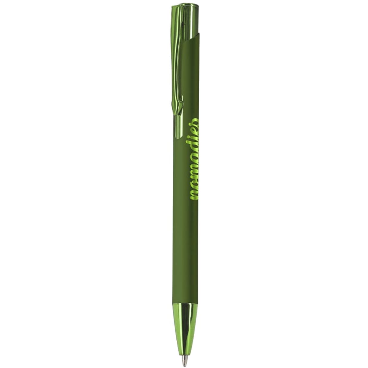 A metal pen in a vibrant green colour with a glossy finish and a clip. It features a logo on its body.