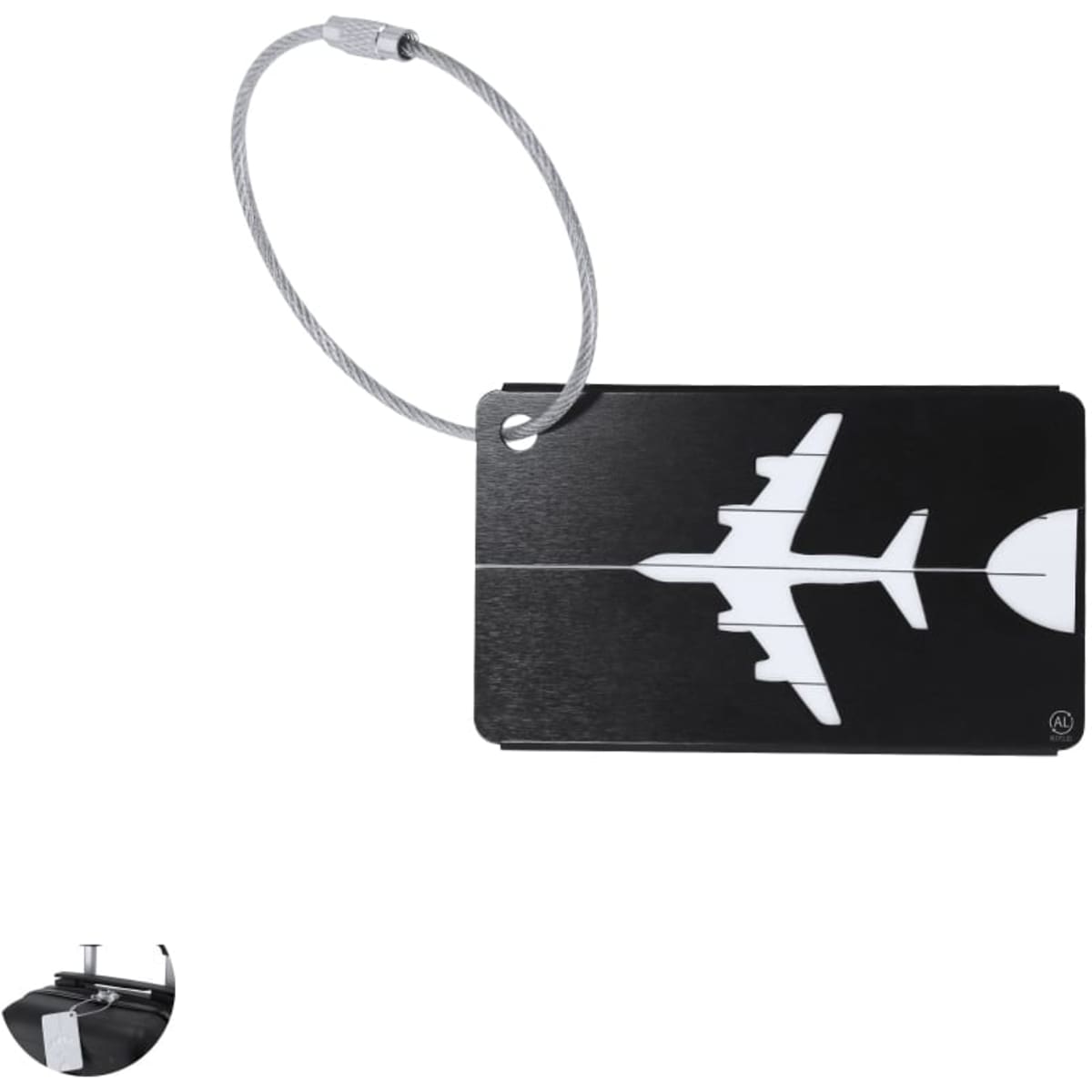 A luggage tag featuring a black design with a white aircraft silhouette and a metal attachment loop.