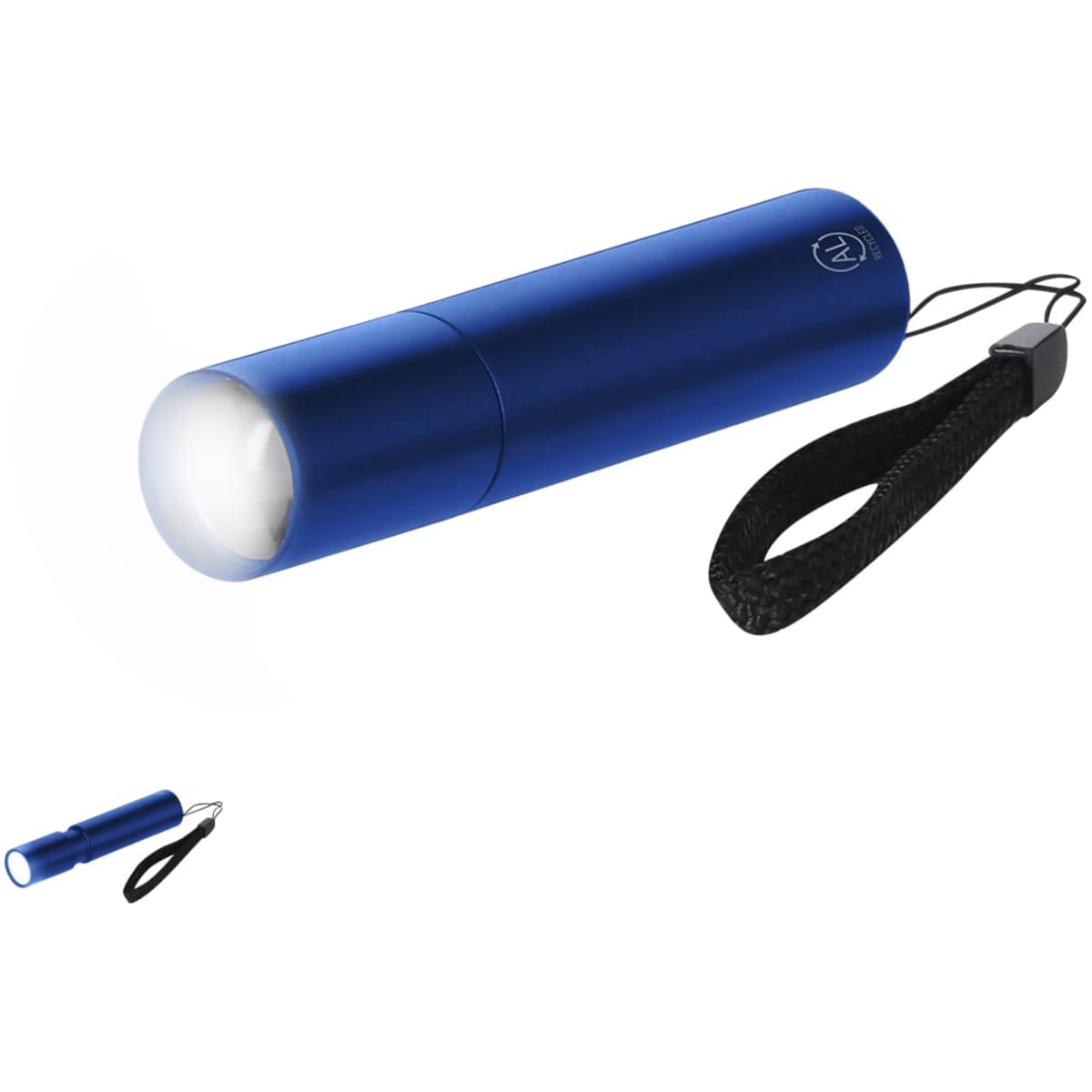 A blue torch with a textured grip and a wrist strap, featuring a branding logo. Compact design for easy portability.
