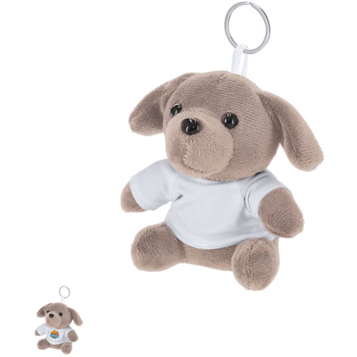 A plush dog keyring in brown, wearing a white shirt, with a metal keychain attachment.
