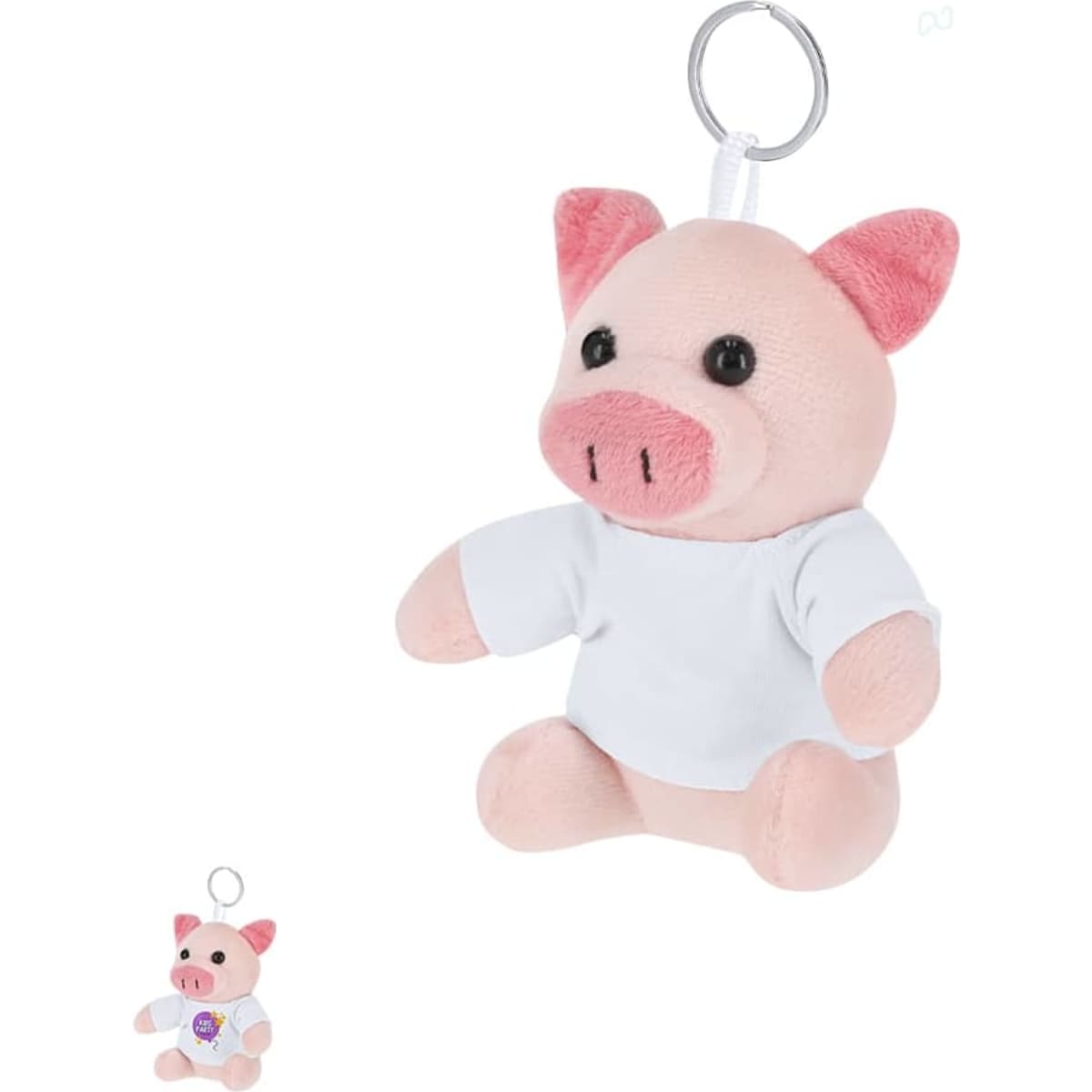 A plush keyring featuring a cute pink pig with a white shirt and a silver keyring attachment.