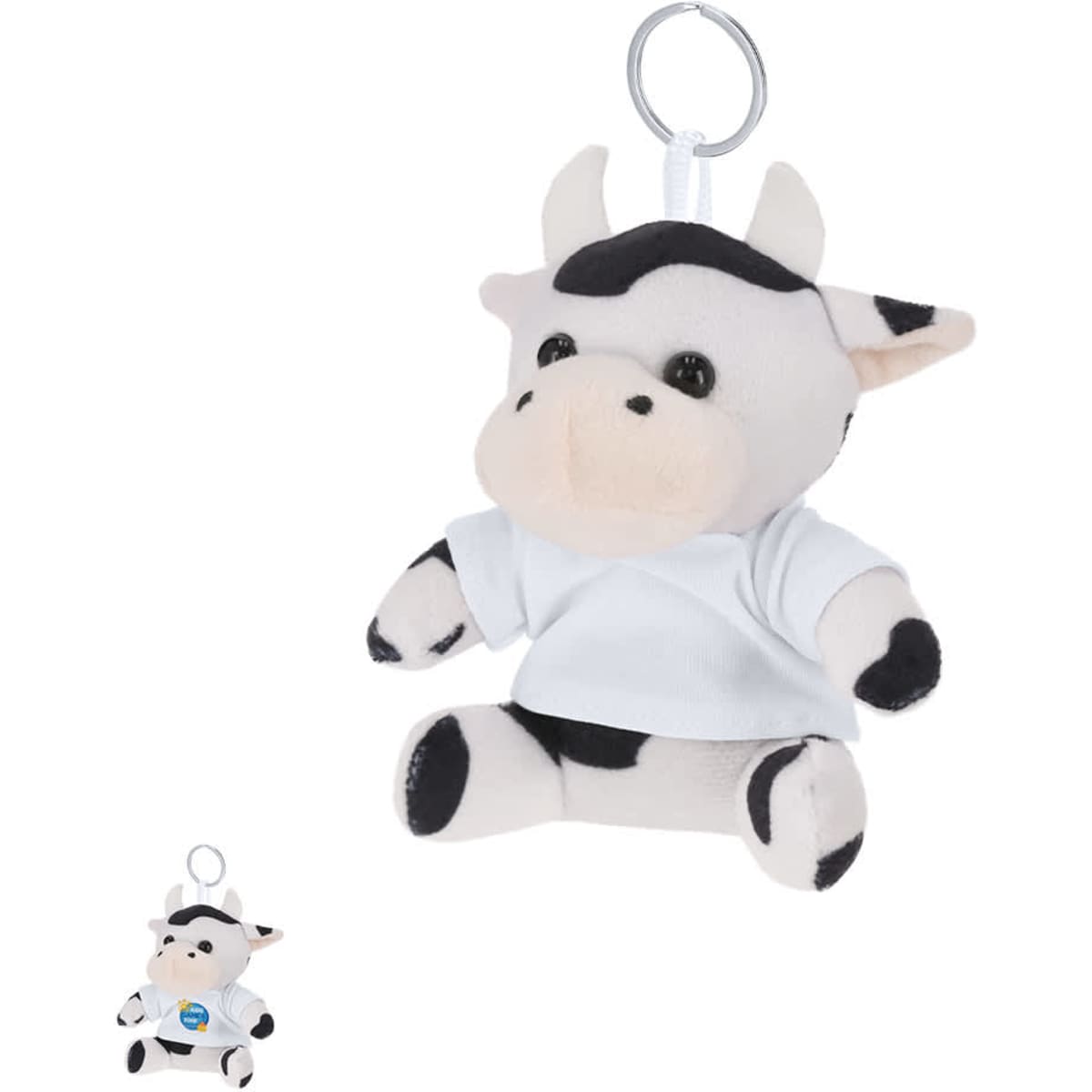 A plush keyring featuring a cow design in black and white, wearing a white shirt, with a silver keyring attachment.