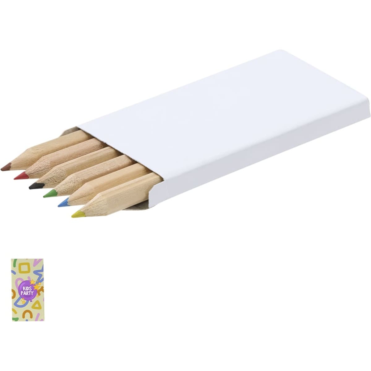A set of seven coloured pencils in a white box, featuring red, green, blue, yellow, and more. Includes a logo.