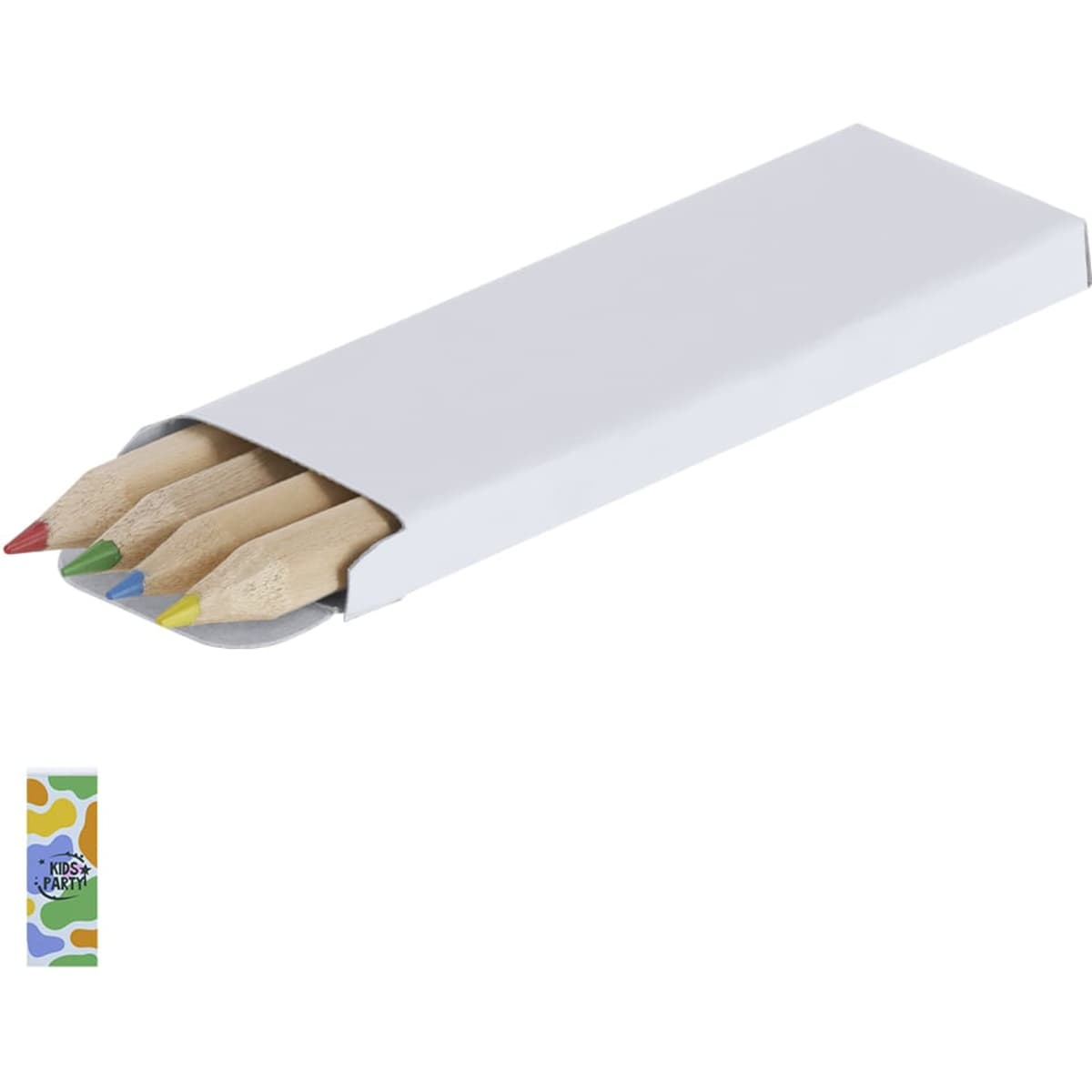 A set of coloured pencils in a white box, featuring red, green, yellow, and blue pencils. The box has a logo.