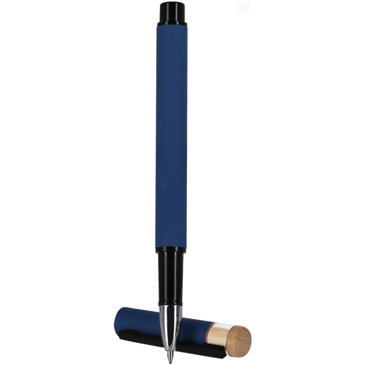 A blue pen with a glossy black tip and a wooden accent at the base. It features a logo on the surface.