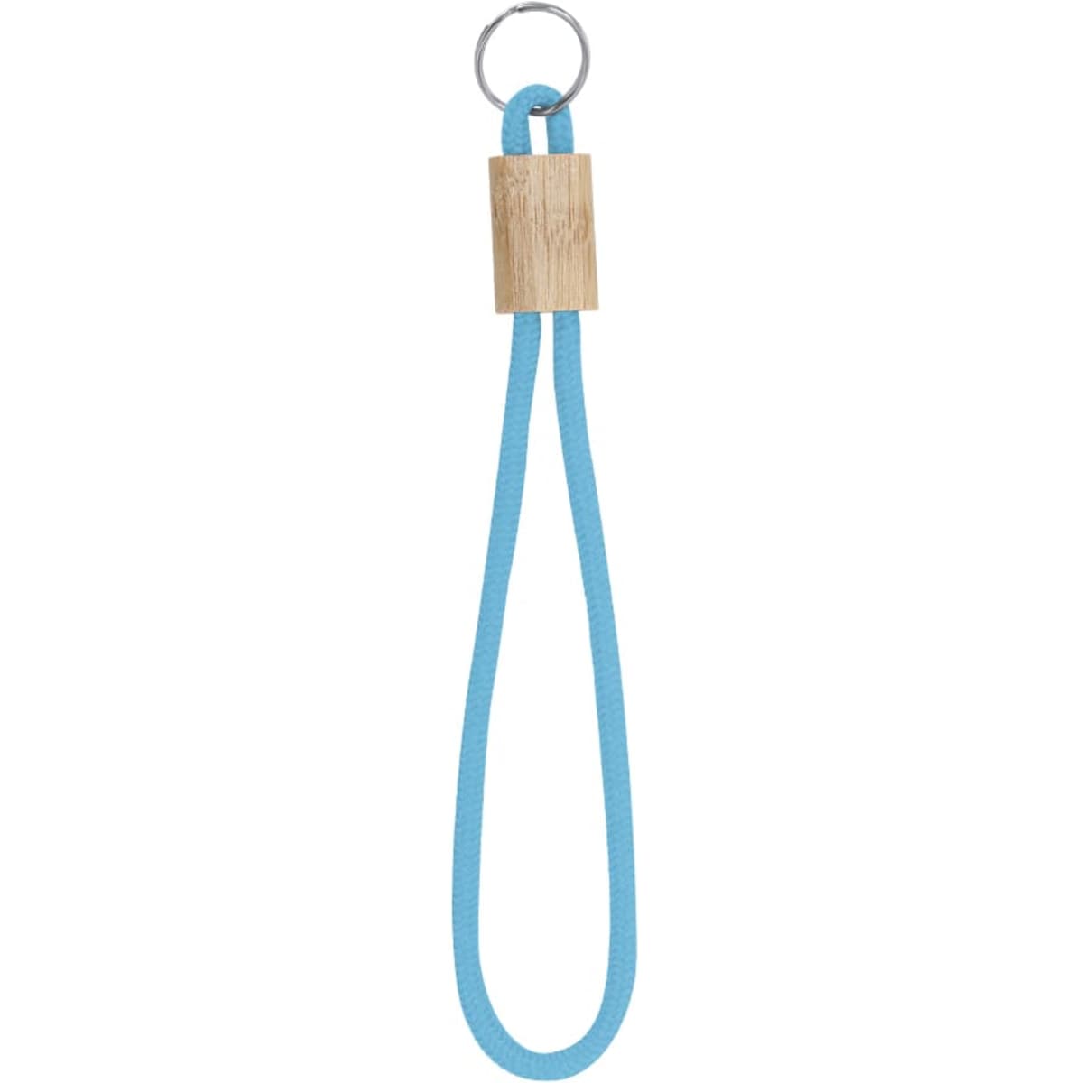 A turquoise keyring with a wooden block and metal ring, designed for holding keys.