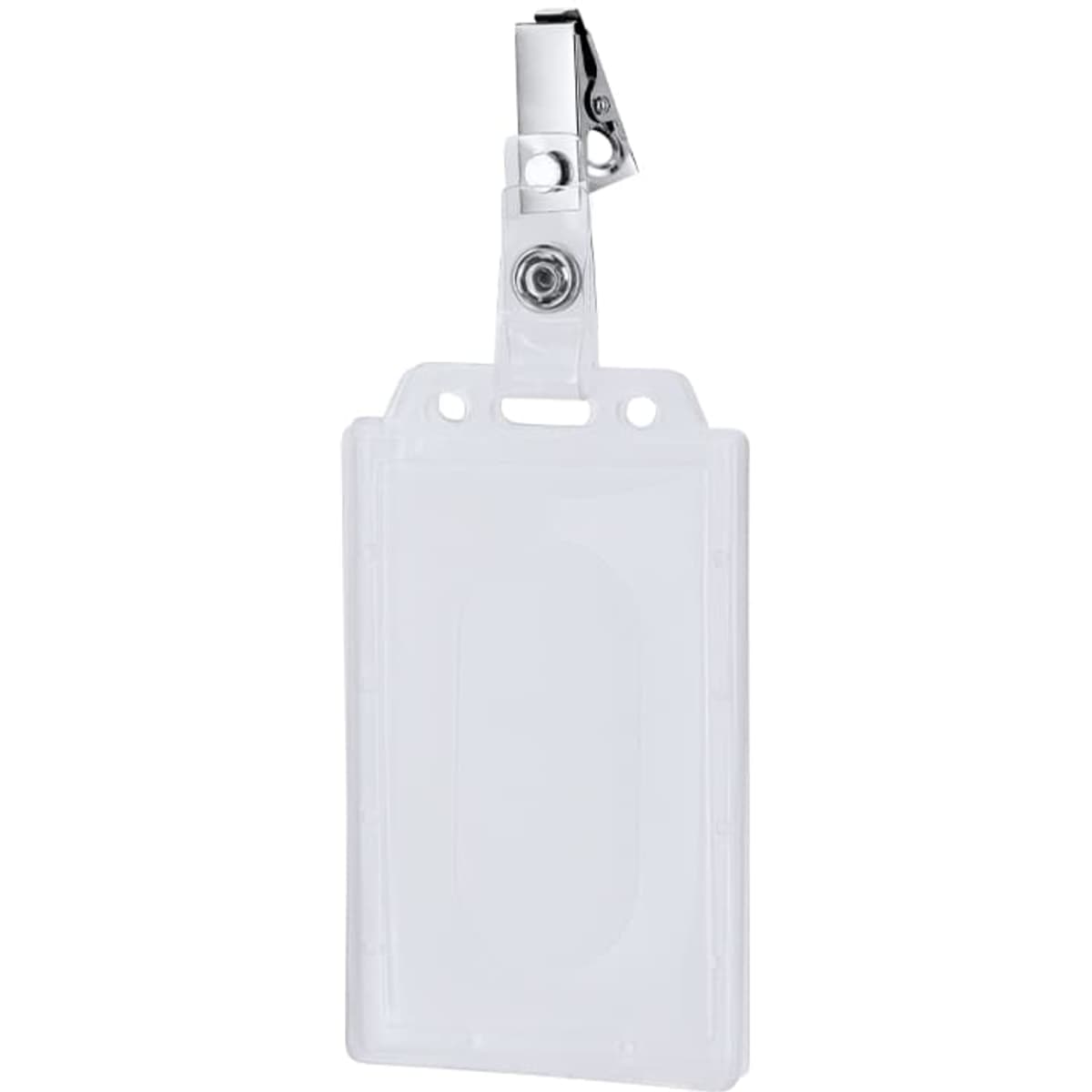 A transparent name badge holder with a clip for attachment. It features a clear protective cover and a simple design.