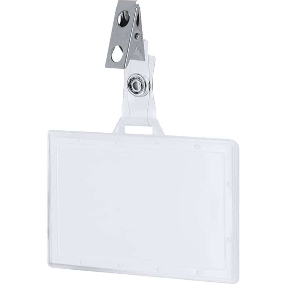 A clear badge holder with a metal clip for attachment, designed for exhibitions and events.