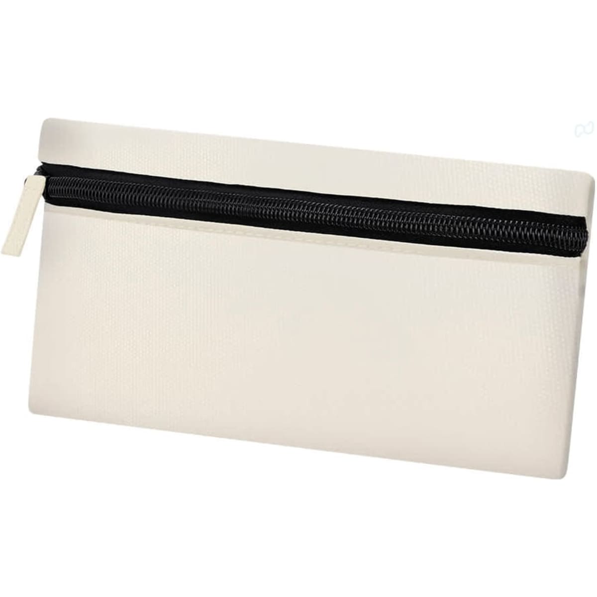 A cream toiletry bag with a black zipper, featuring a simple design and a logo on the front.