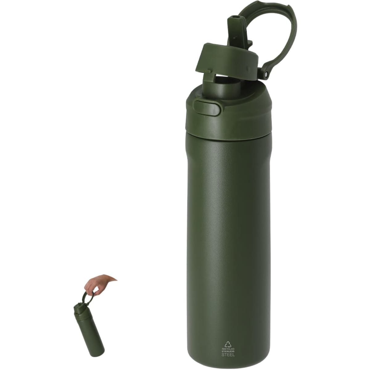 A drink bottle in olive green, featuring a flip-top lid and a wrist strap. It has a logo on the side.