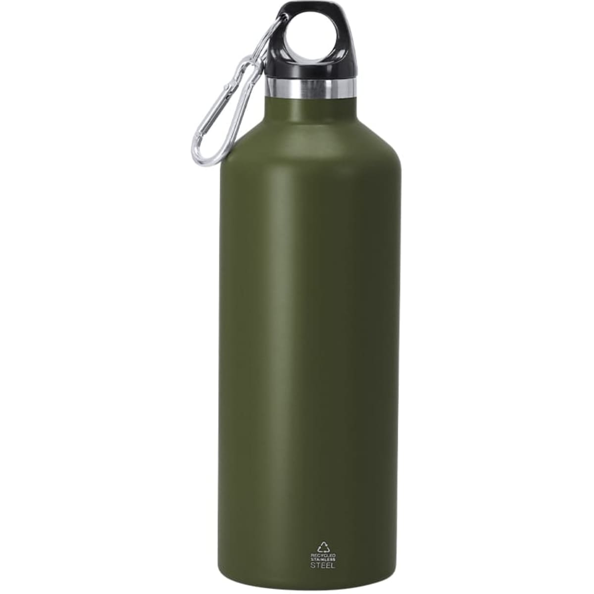 A drink bottle in olive green stainless steel with a black cap and a silver carabiner attachment.