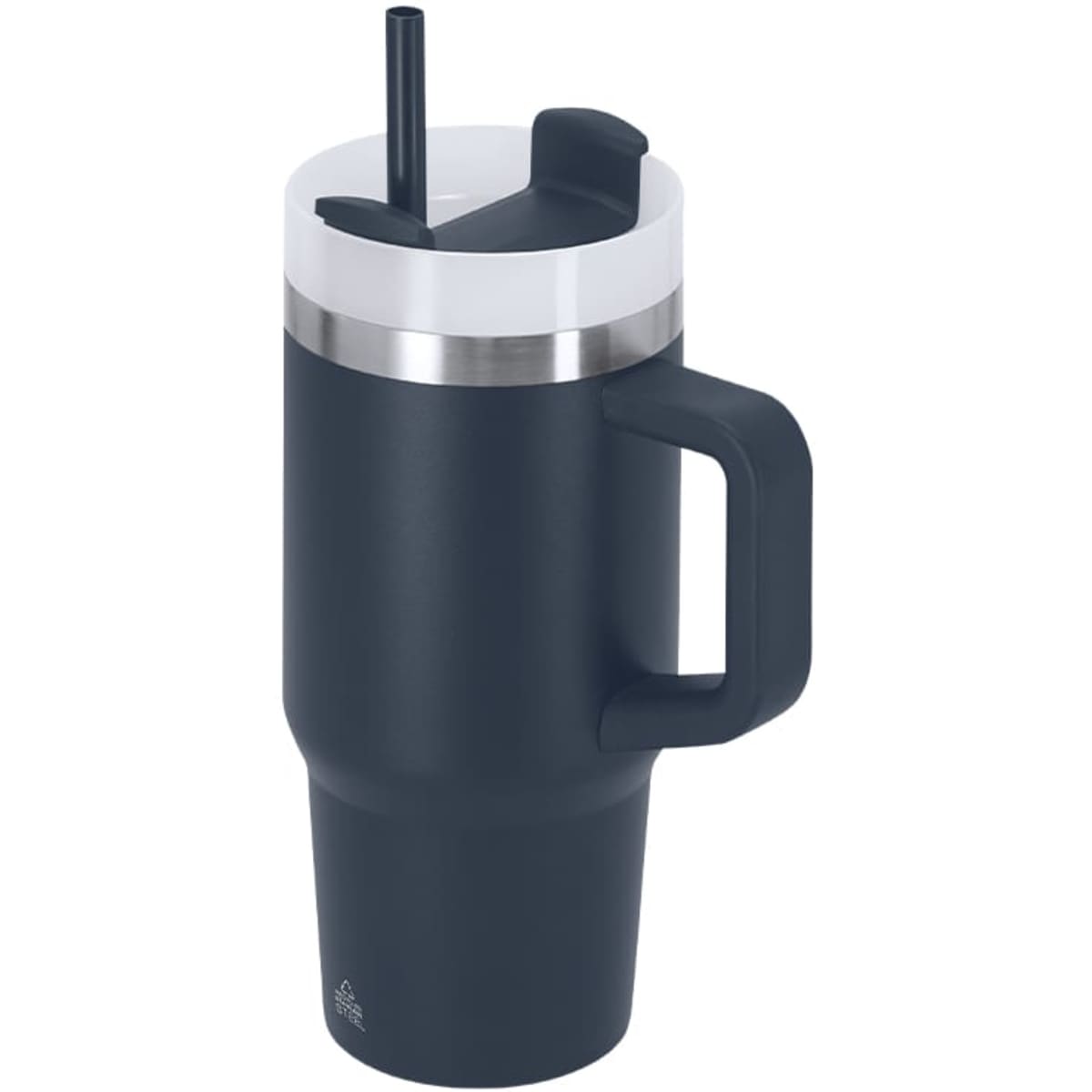A drink bottle with a navy blue finish, insulated design, straw lid, and a sturdy handle. Features a logo.