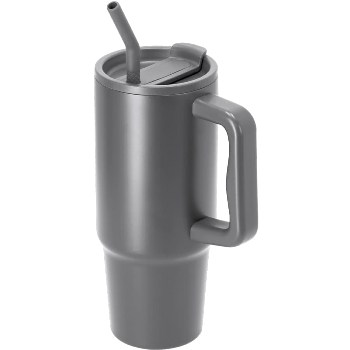 A grey insulated travel mug with a handle and a straw, designed for beverages. Features a lid and a sleek design.