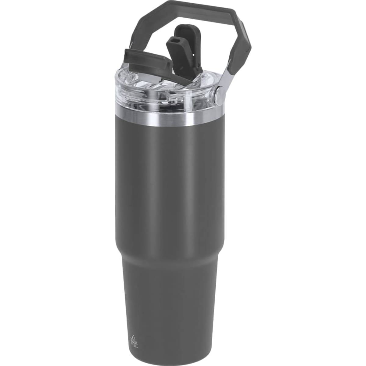 A drink bottle in matte black with a clear lid and a built-in handle, featuring a logo.