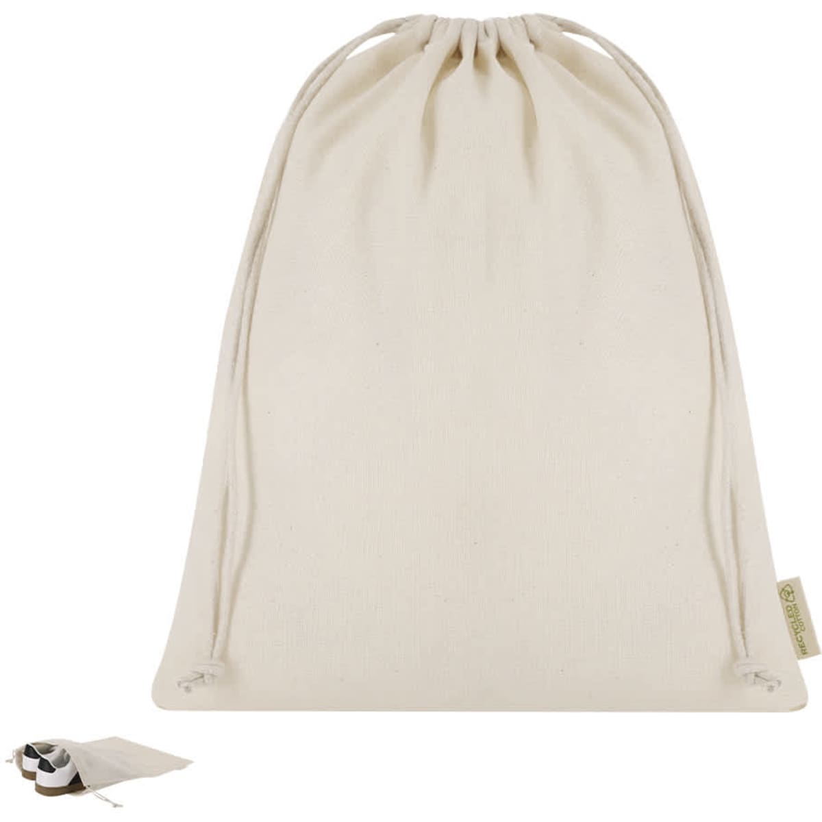 A cream-coloured drawstring tote bag with a simple design, featuring a logo.