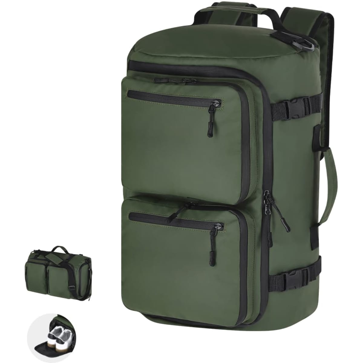 A green backpack with multiple zippered pockets and adjustable straps, featuring a logo on the front.