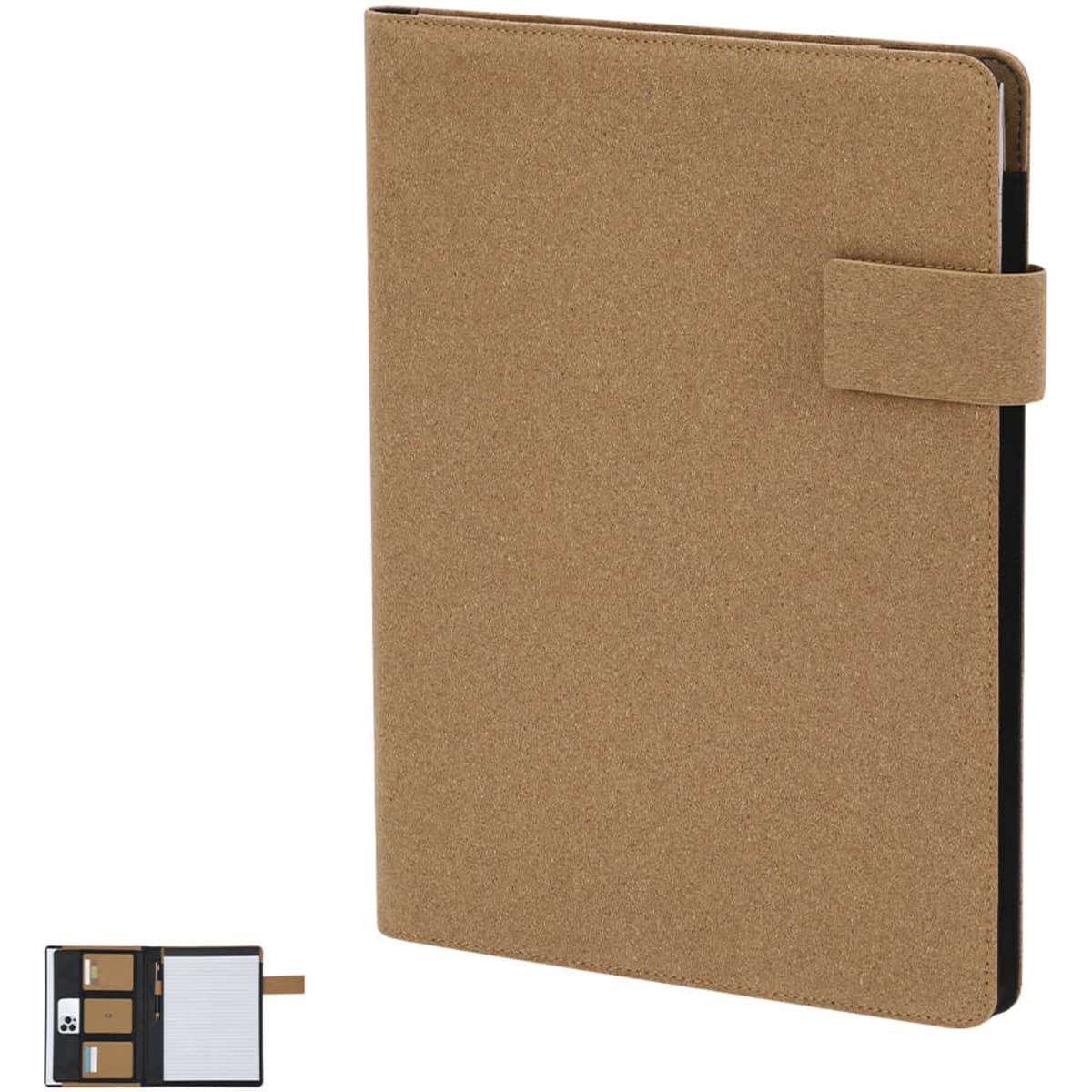A tan Ganges Folder with a textured cover, featuring a tab closure and an inner organisational layout.