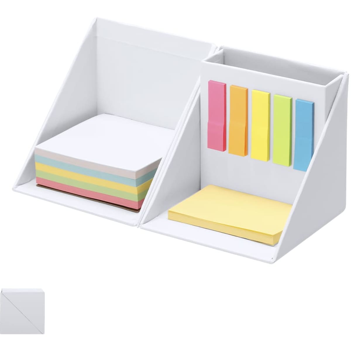 A desk organiser in white featuring pastel-coloured sticky notes and bright tab labels.