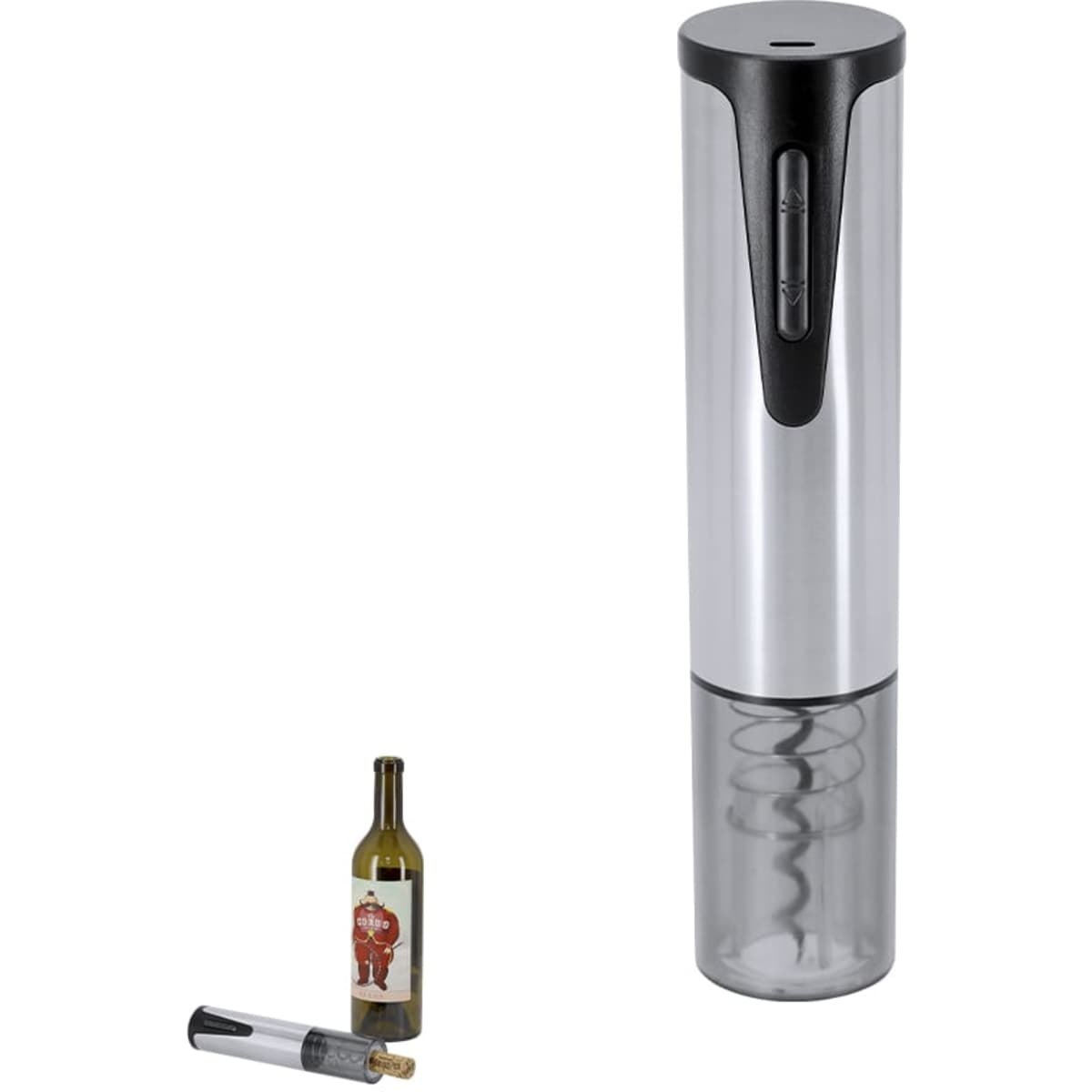 A silver and black wine opener with a clear base beside a wine bottle featuring a colourful label.