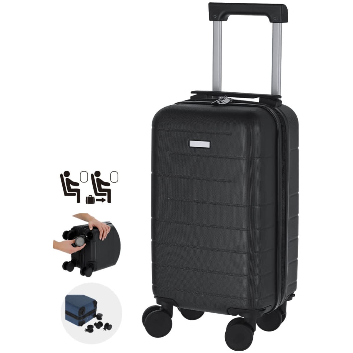 A black wheeled bag with a retractable handle and four wheels, featuring a logo and a hardshell design.