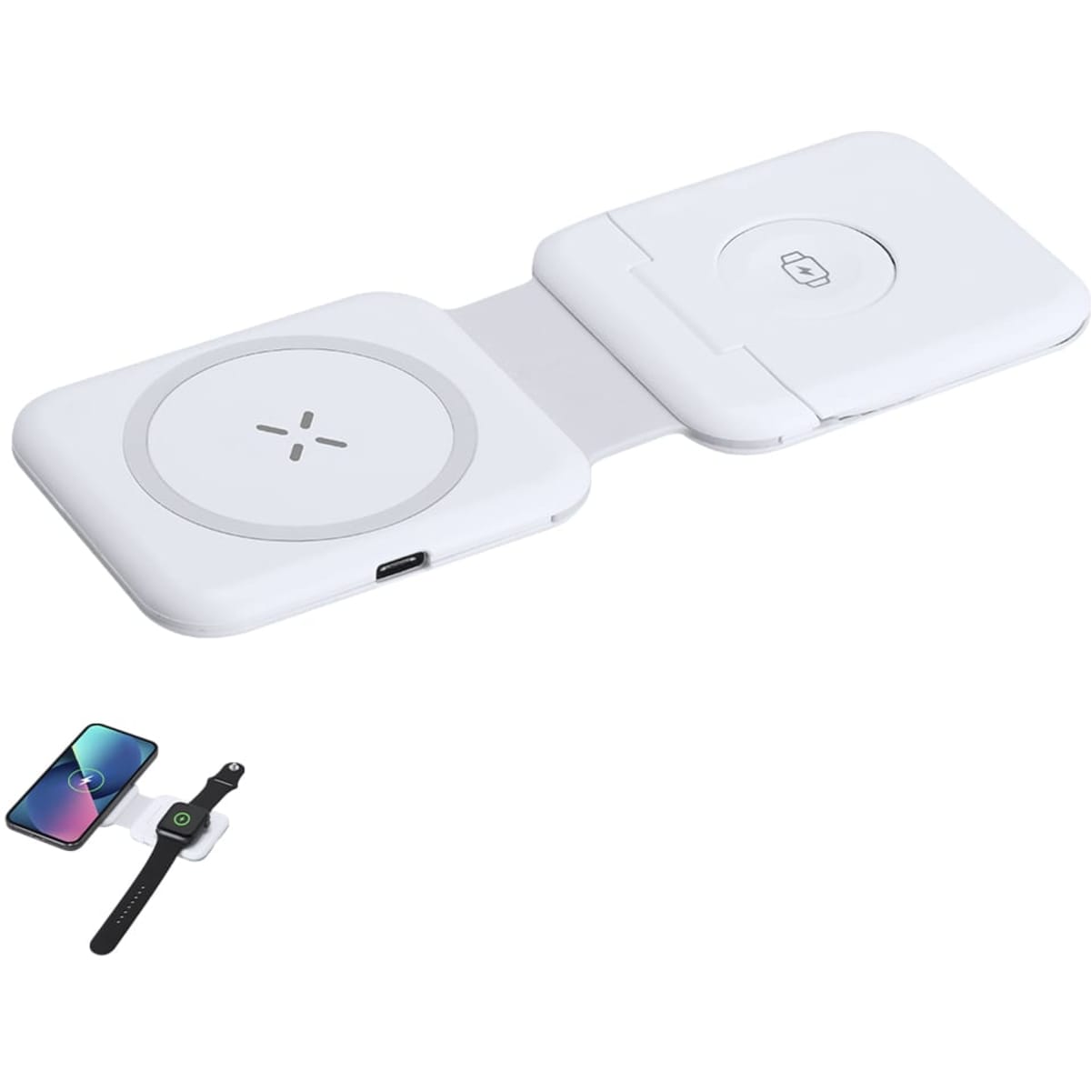 A wireless charger in white, featuring a foldable design, with a logo and compatible devices shown below.