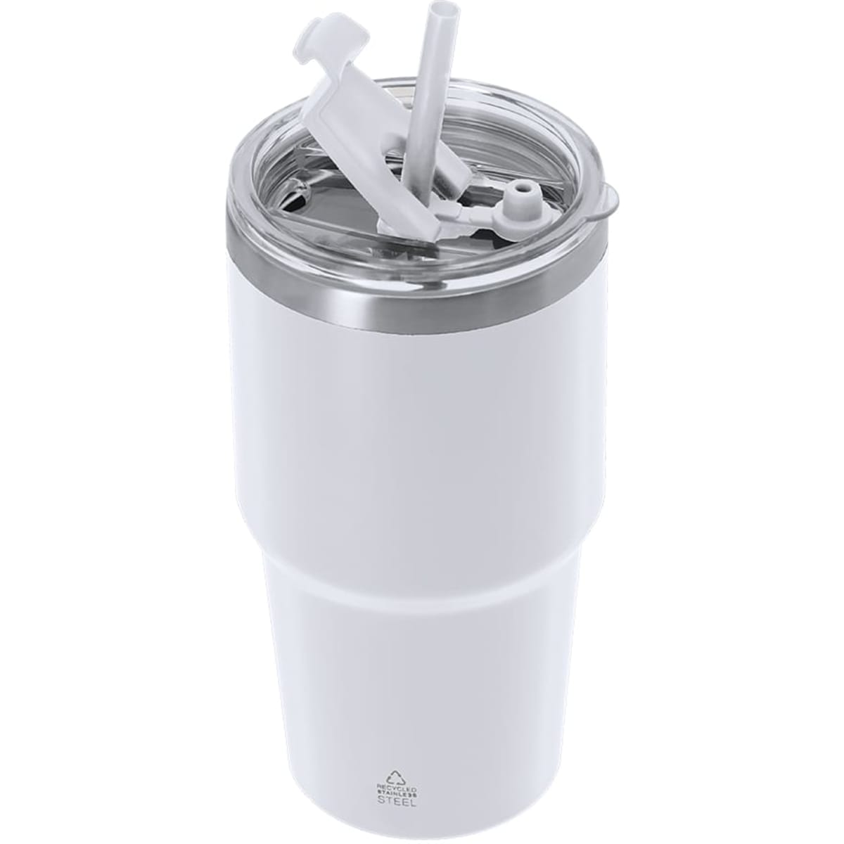 A white insulated travel mug with a clear lid and flexible straw. It features a logo on the base.