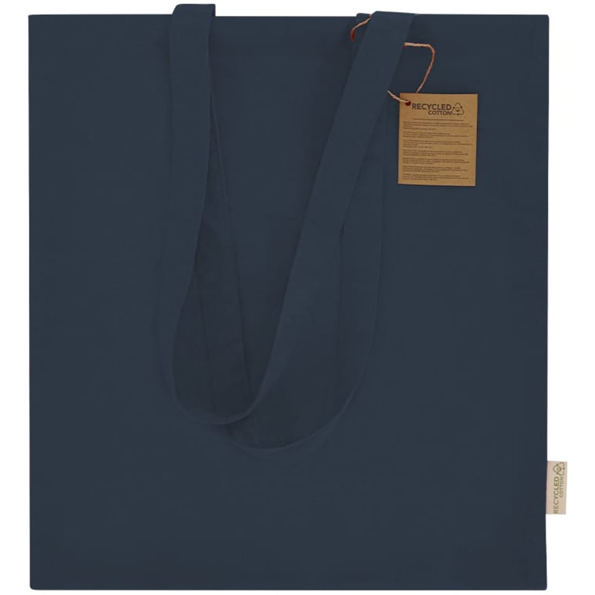 A navy tote bag with a shoulder strap, featuring a tag and a subtle logo.