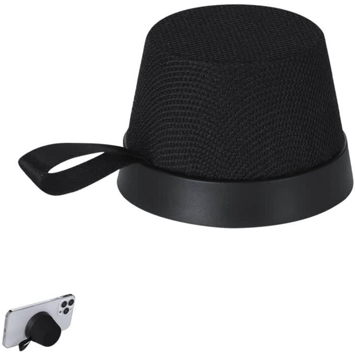 A Dinarix Bluetooth speaker in a stylish black design, featuring a fabric mesh top and a black base.