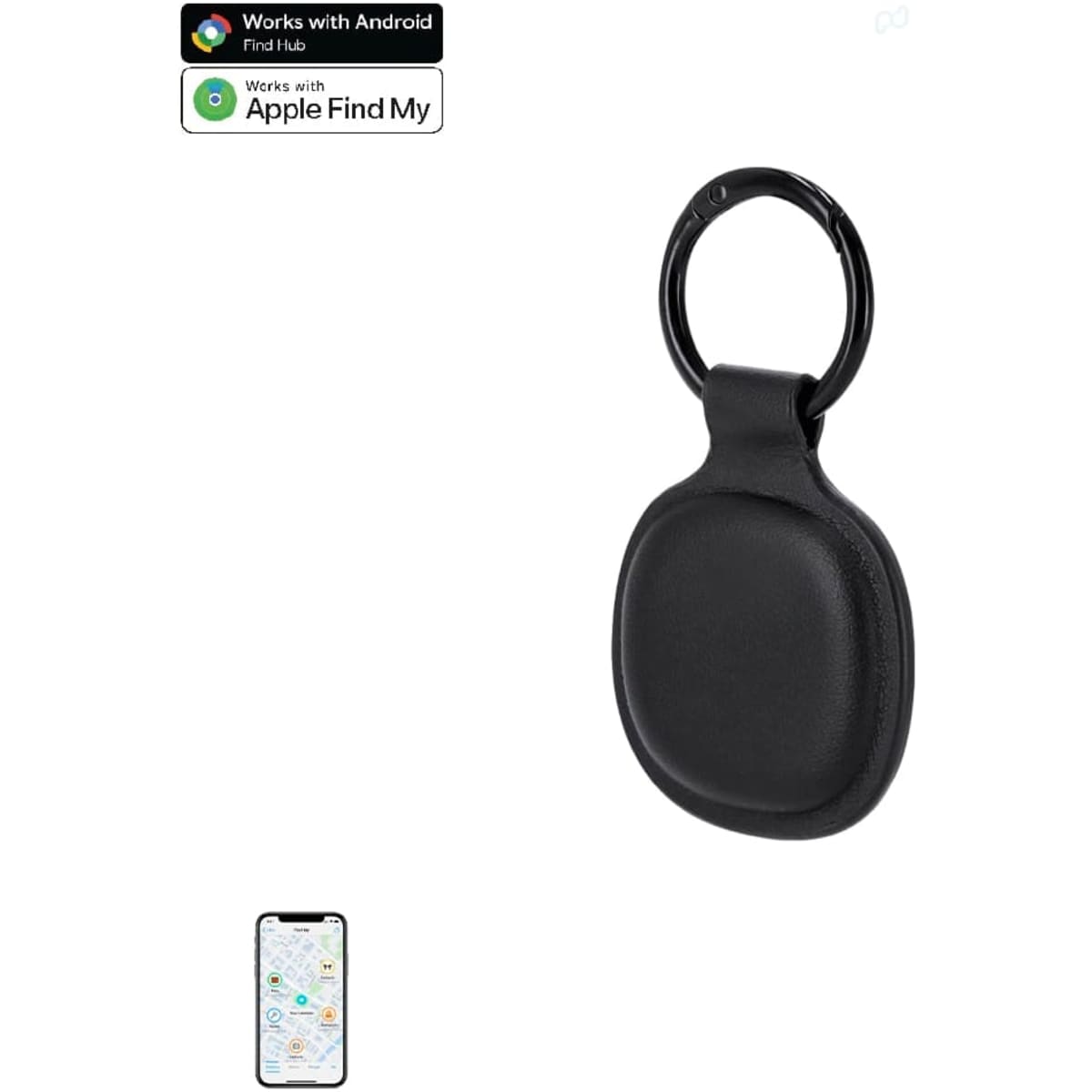 A black tracking device with a keyring attachment, showcased against a white background with a phone displaying a map below.
