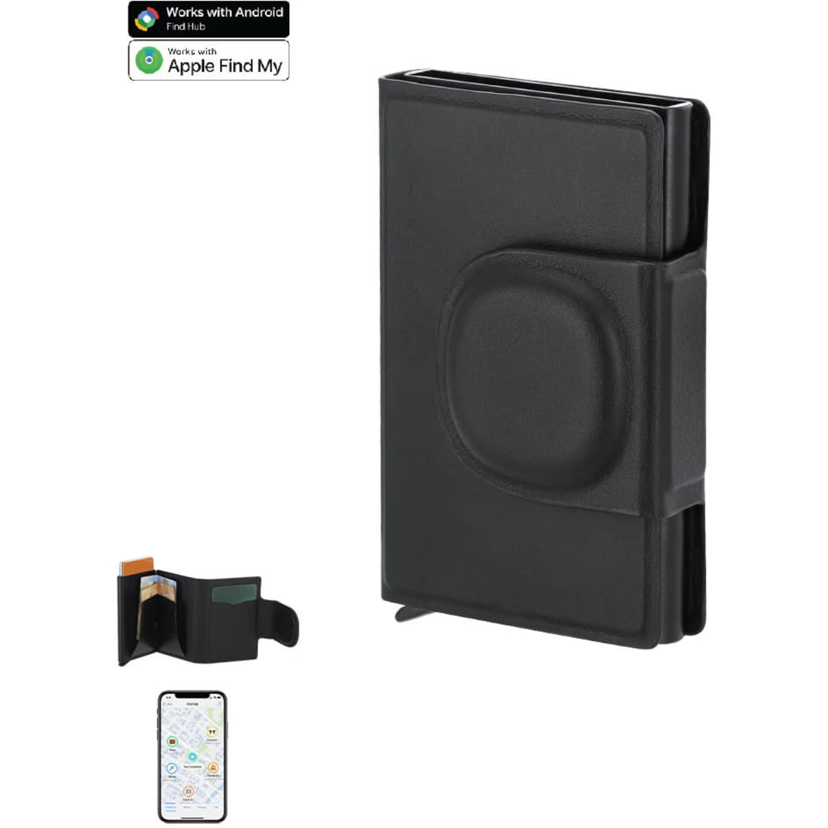 A black business card holder featuring a logo, with a sleek design and an additional section for cards.