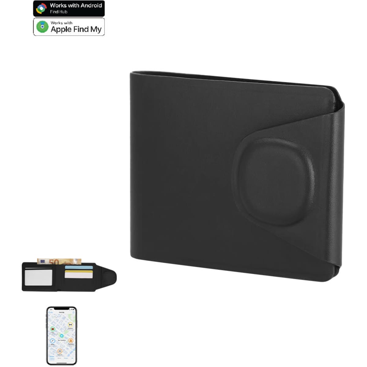 A sleek black wallet featuring a slim design, with a slot for cash and a compartment for cards. Includes a logo.