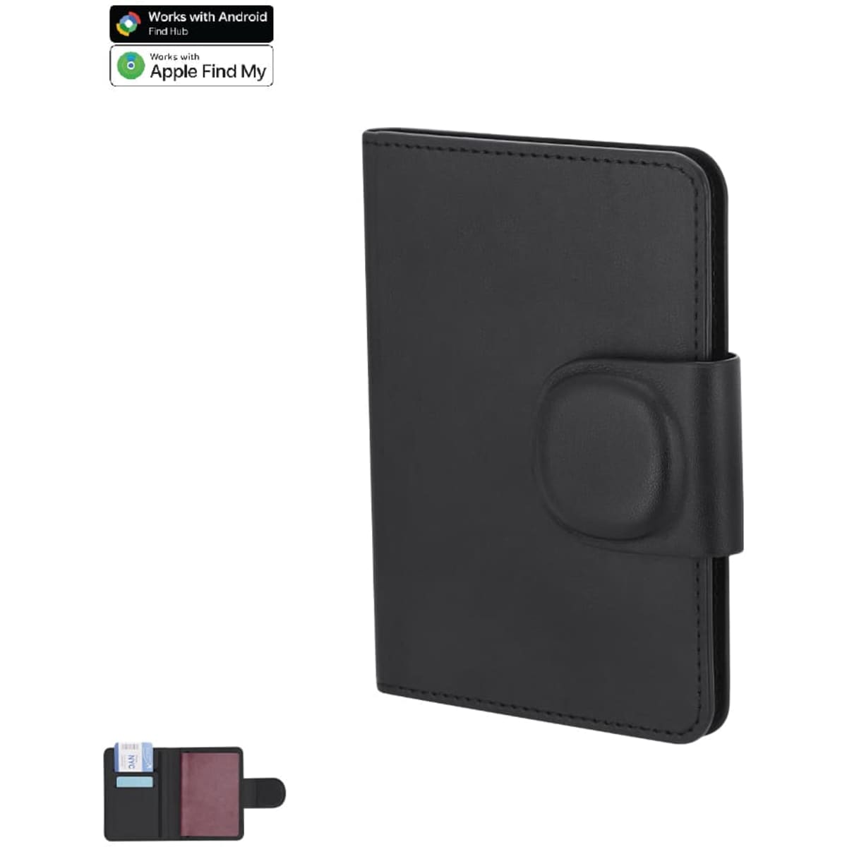 A black phone wallet case with a magnetic closure, featuring a sleek design and a logo.