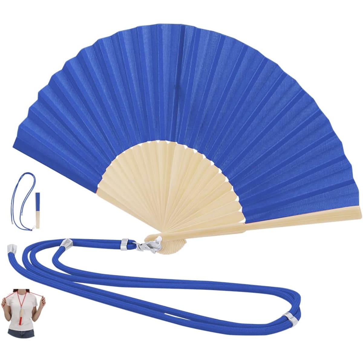 A blue handheld fan with a wooden handle and a loop for securing, displayed alongside a strap.