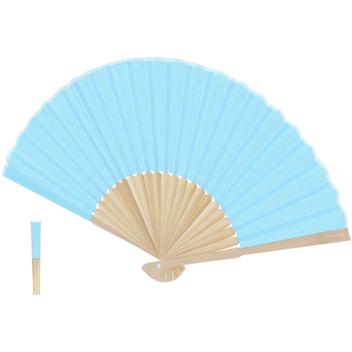 A handheld fan with a light blue fabric and a wooden frame, featuring a matching cover.