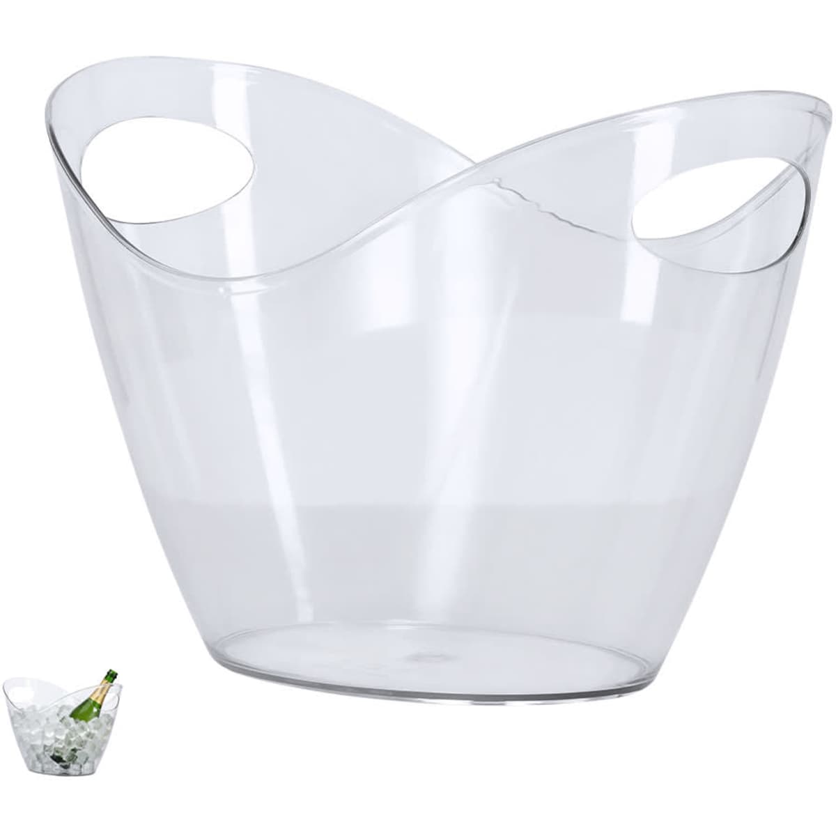 A transparent ice bucket with a modern design, featuring two handle cut-outs for easy lifting.