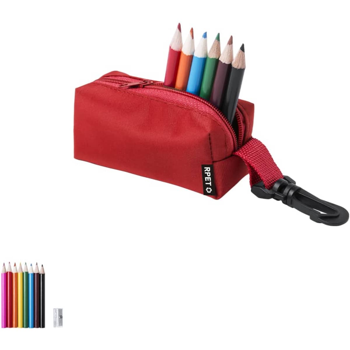 A red pencil case with a zipper holds multiple coloured pencils and features a clip for attachment.