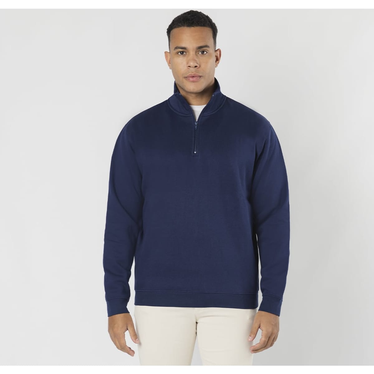 A navy blue Galaxy Hoodie featuring a half-zip design and long sleeves, with a branding logo present.